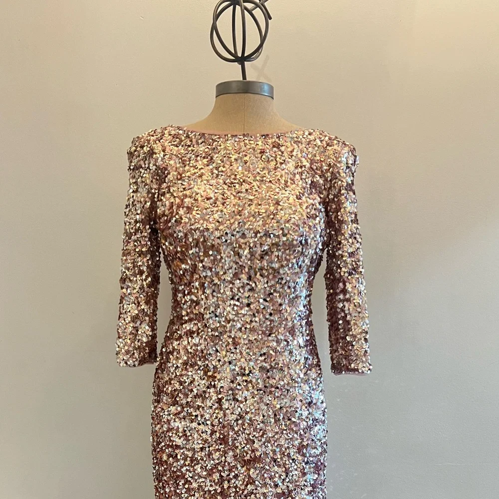 Adrianna papell 3/4 sleeves fully colorful sequins round neck midi dress - Picture 5 of 12